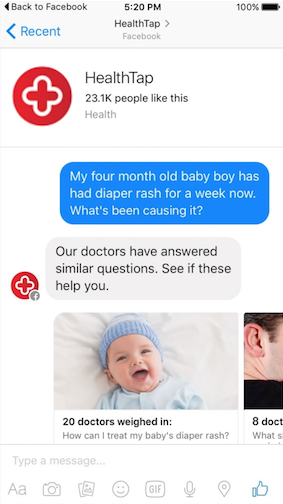 Conversa com o bot da Healthtap no Facebook Messenger