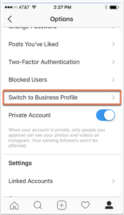 Opção de mudar para perfil comercial no aplicativo móvel do Instagram