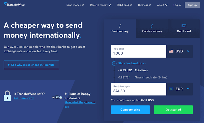 Landing page de cadastro do TransferWise com CTAs para enviar dinheiro, receber dinheiro e usar o cartão de débito no TransferWise